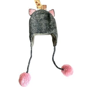 Gray and Pink Kids Winter Hat with Pom Poms Hand Knit Aloaca